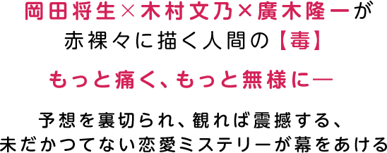 岡田将生　 木村文乃　 廣木隆一が赤裸々に描く人間の【毒】　もっと痛く、もっと無様に―　予想を裏切られ、観れば震撼する、未だかつてない恋愛ミステリーが幕をあける